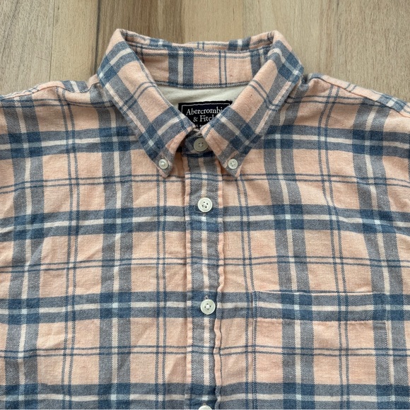 Abercrombie & Fitch Flannel Plaid Button Up Shirt Peach Blue White - Picture 3 of 8